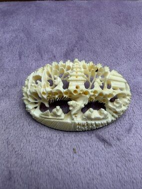 Vintage Intricate Carved Oval Brooch Japanese Scenery